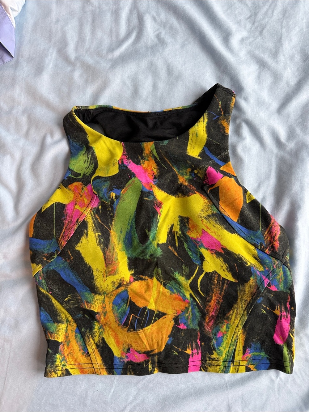 lululemon athletica Black Crop Tank with Neon Paint-Brush Print